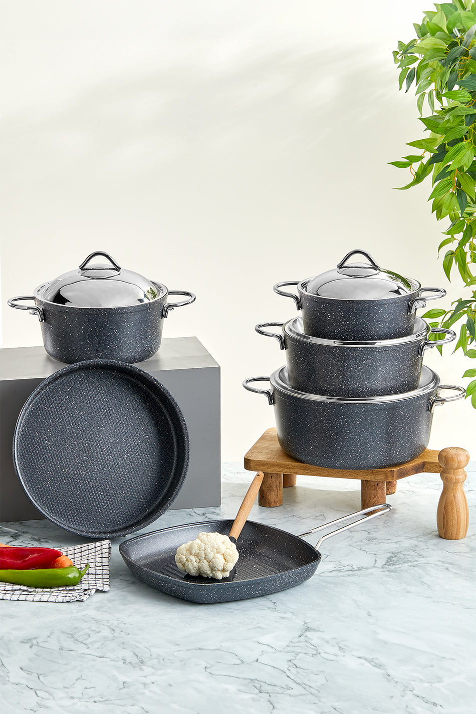 Tac Granite 10 Piece Kapak Avantajli Cookware Set Uzay Grisi - MALLTURK