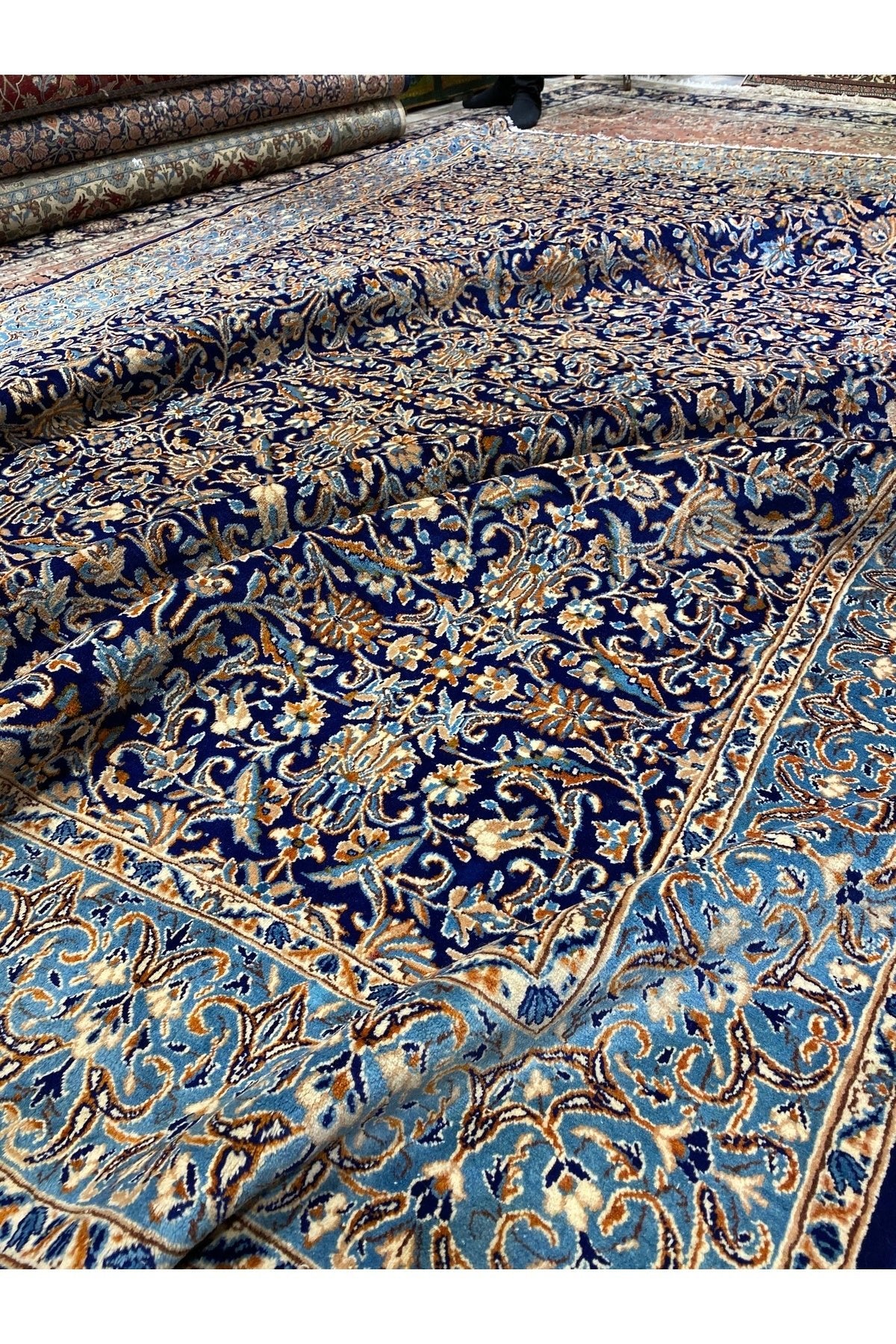 RD RAMAZAN DAG Hand Rug Art Hand-Woven Iranian Kirman Rug Cotton Base Wool Weave Olup Natural Dye Size 355x267 - MALLTURK