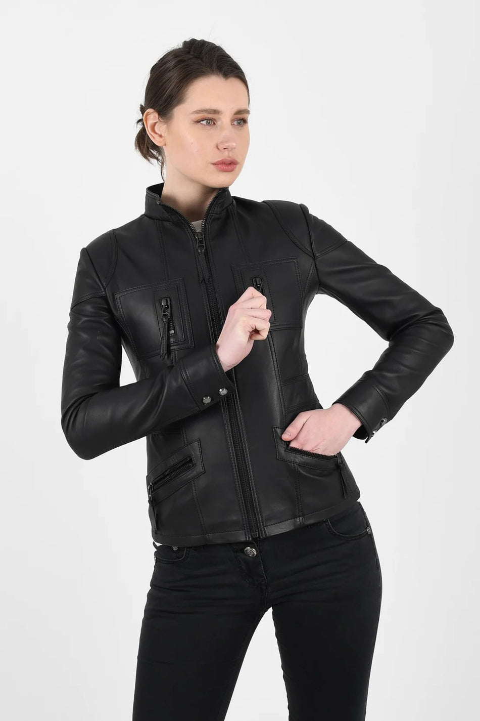 ALIN Melody Women's Genuine Leather Fitted Leather Jacket Black