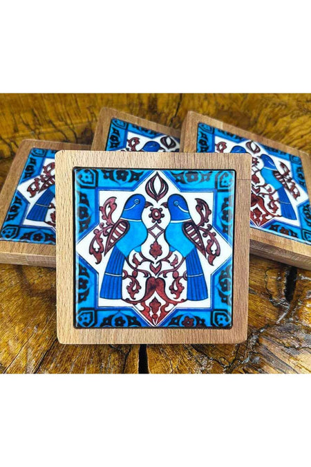 Cini Evi Seljuk Bird Patterned Wooden Coaster Set - MALLTURK