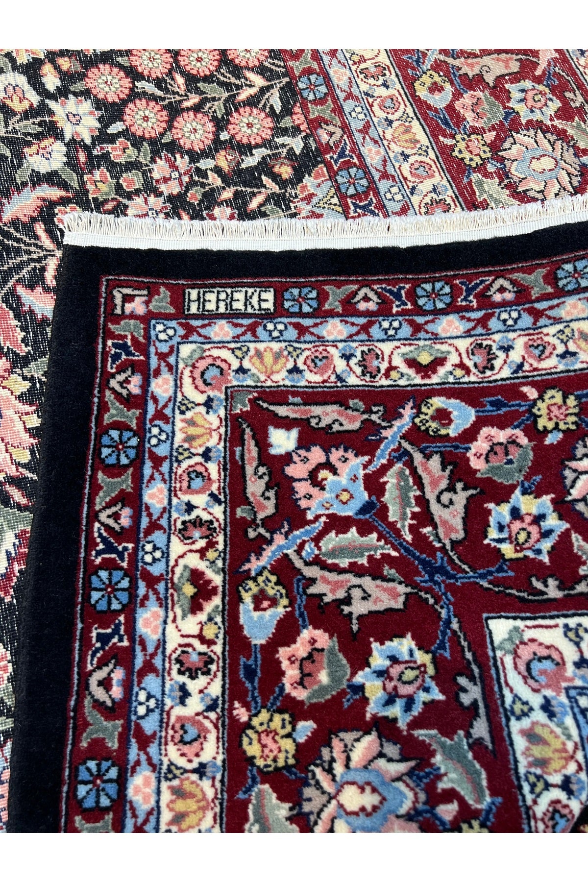 RD RAMAZAN DAG Hand Rug Art Hand-Woven Hereke Rug Signed Seven Mountains Flower Black Color Premium Quality Size 300x200 - MALLTURK