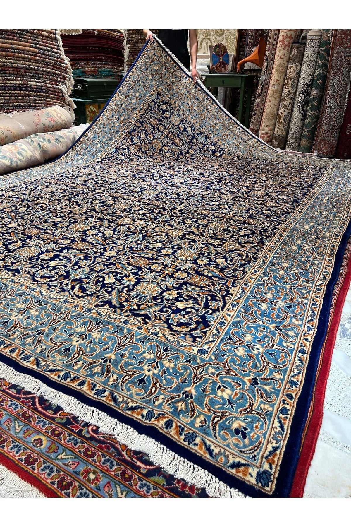 RD RAMAZAN DAG Hand Rug Art Hand-Woven Iranian Kirman Laver Rug Premium Quality Navy Color Size 355x267 - MALLTURK