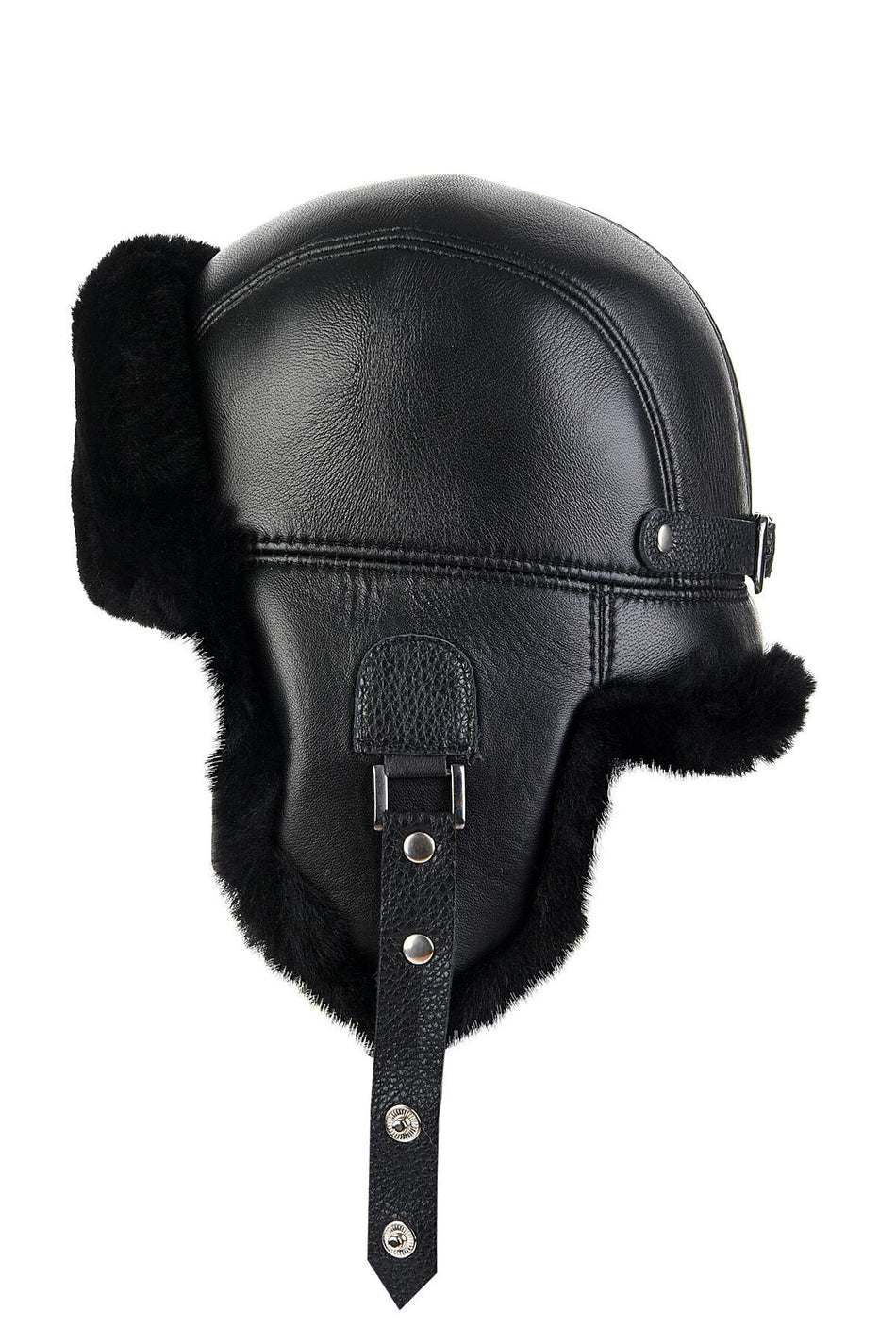 Fubileather Genuine Leather Unisex Fur-Lined Buckled Pilot Leather Hat
