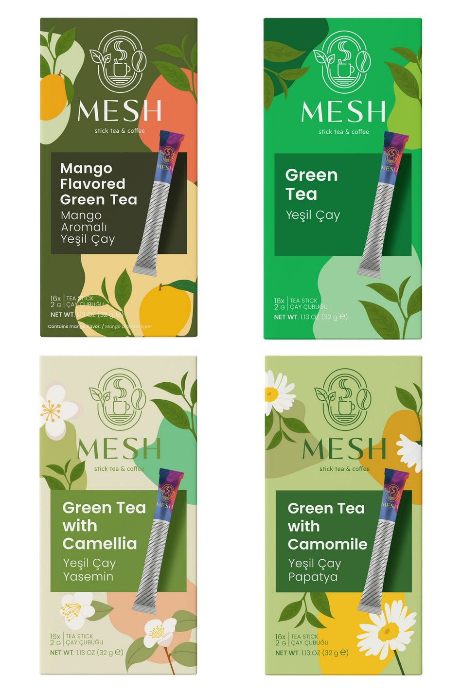 Mesh Stick Green Tea Collection 4-Pack - Jasmine, Chamomile, Mango, and Plain Green Tea