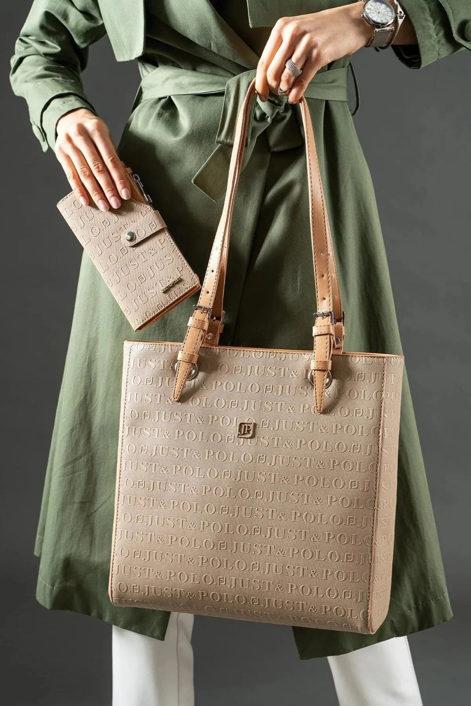 Just Polo Women's Sand Tan New Season Large SIZE 3-Compartment Handbag and Wallet Set 234067MH - MALLTURK