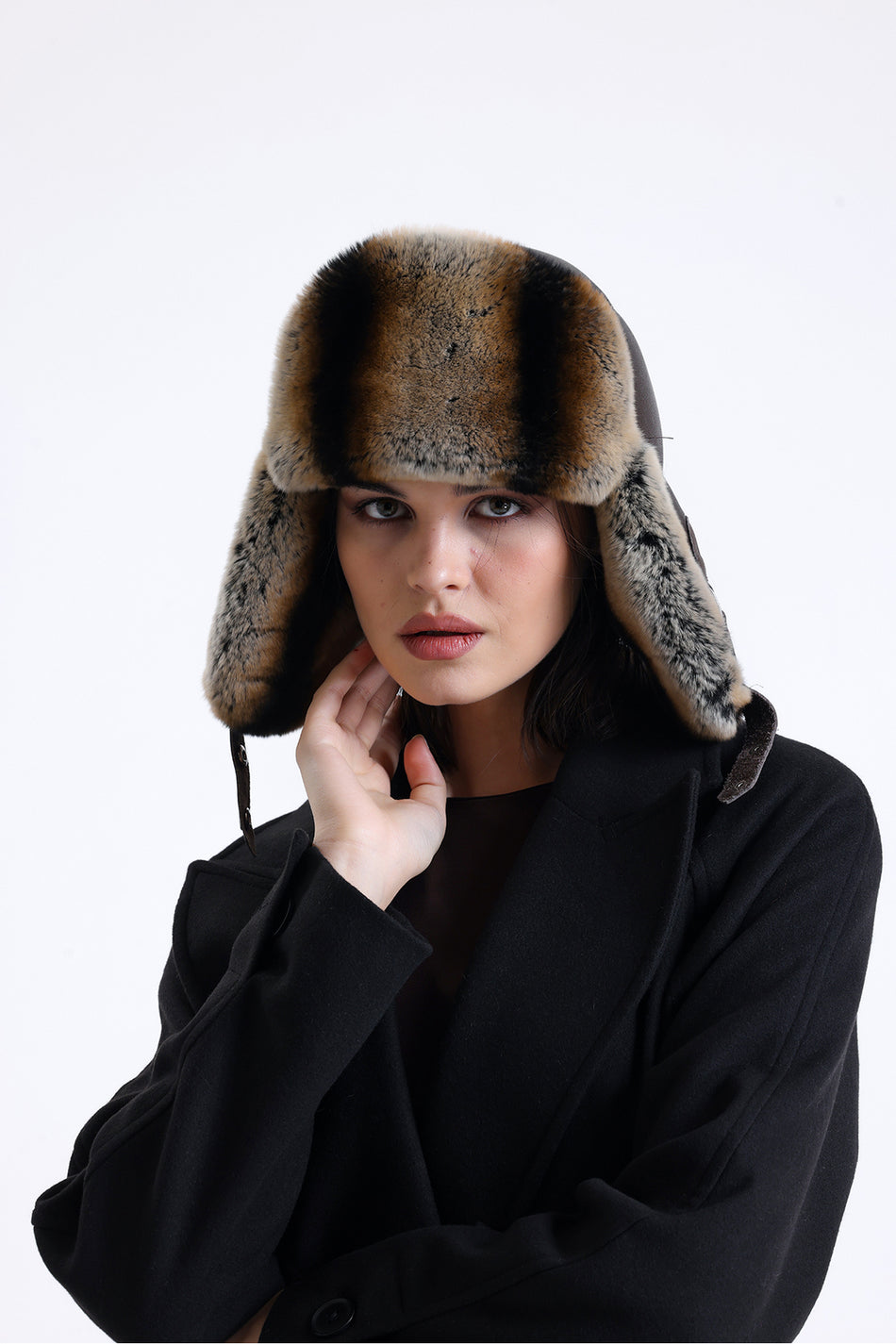 Fubileather Genuine Leather Coffee Rabbit (Rex) Fur Women's Pilot Leather Hat