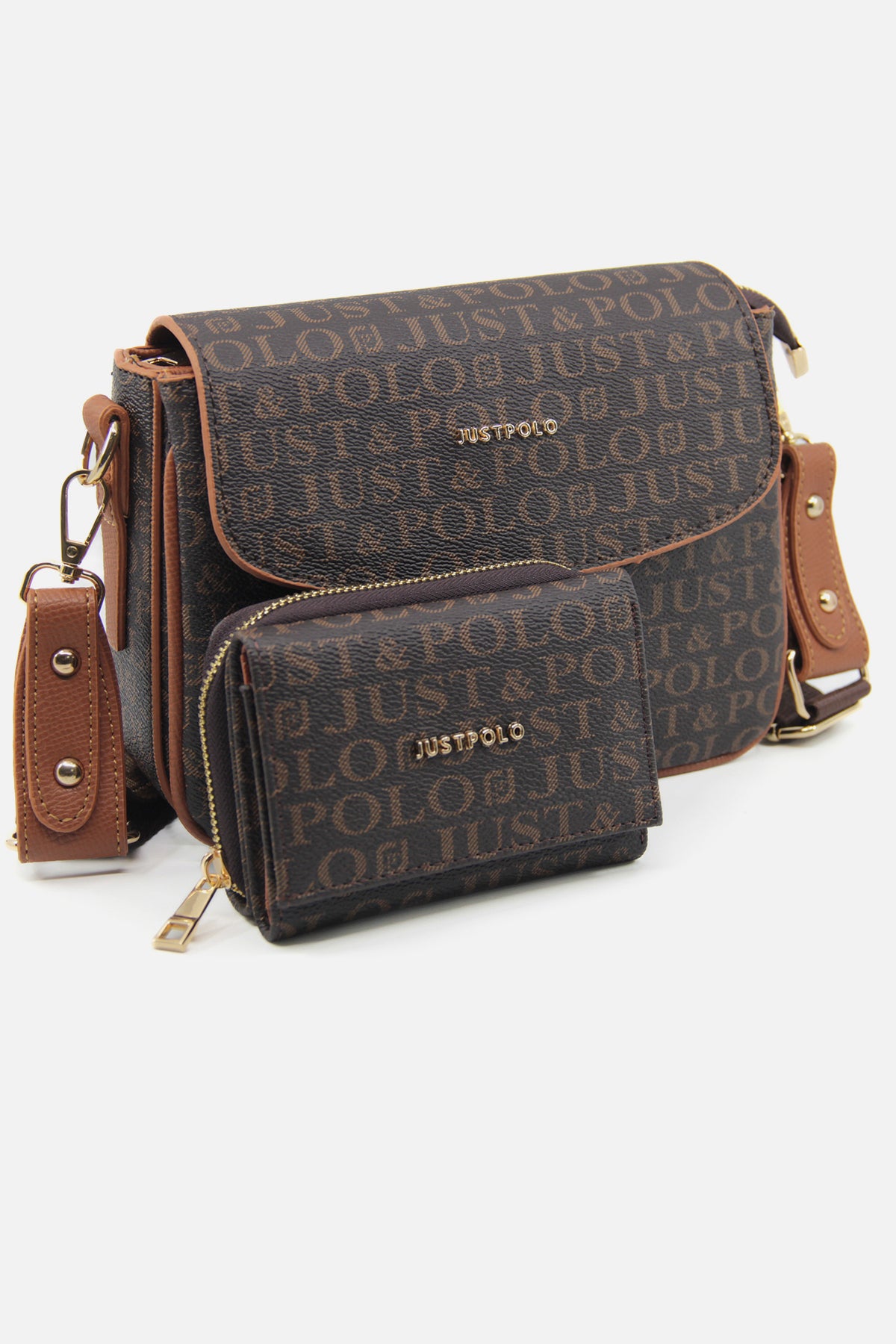 Just Polo Women's Three-Compartment Shoulder Bag and Wallet Set Brown - MALLTURK