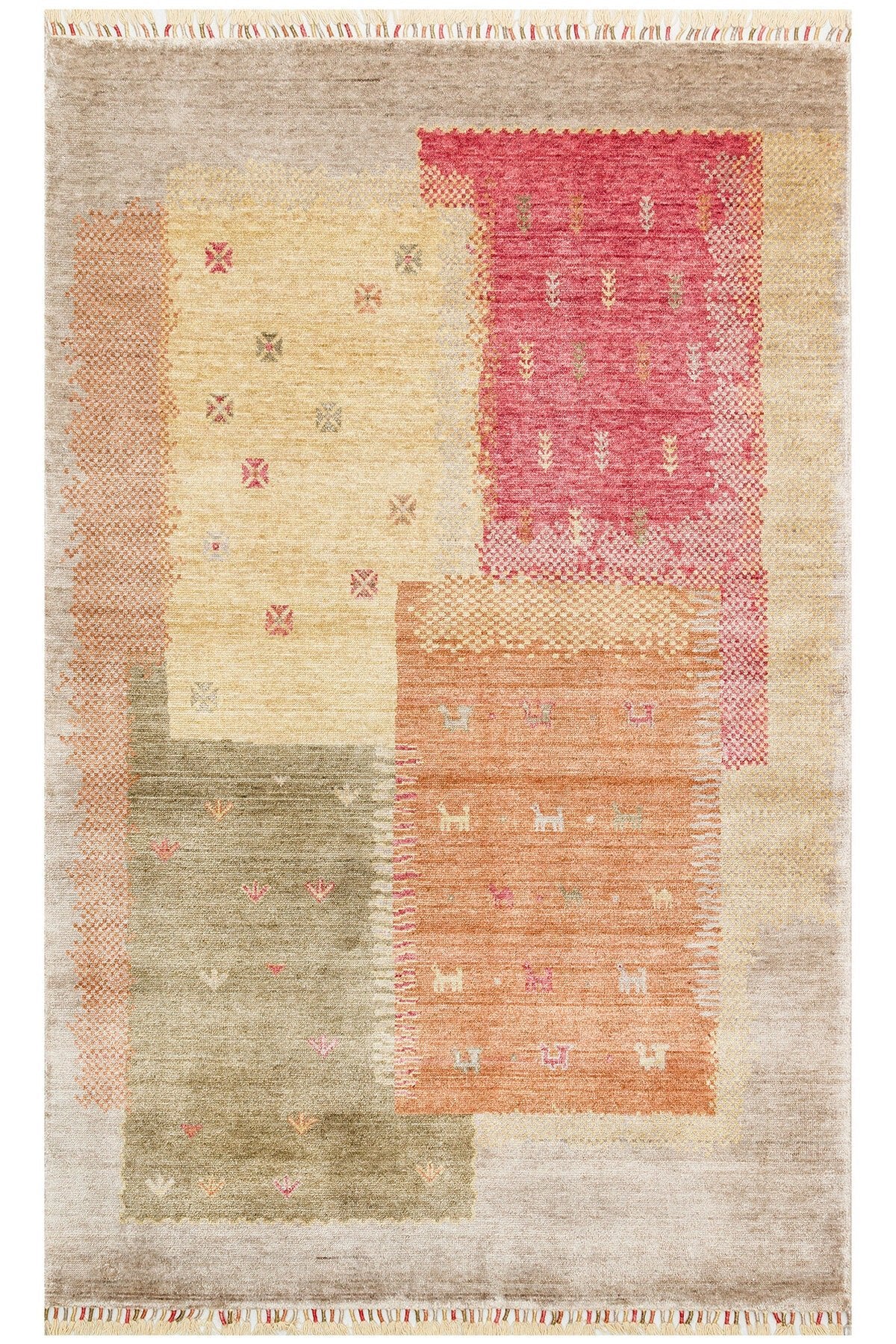 Vog Hali Efsun Handmade Tree of Life Pattern Beige Lyocell Special Loom Usak Design Fringed Living Room Carpet - MALLTURK