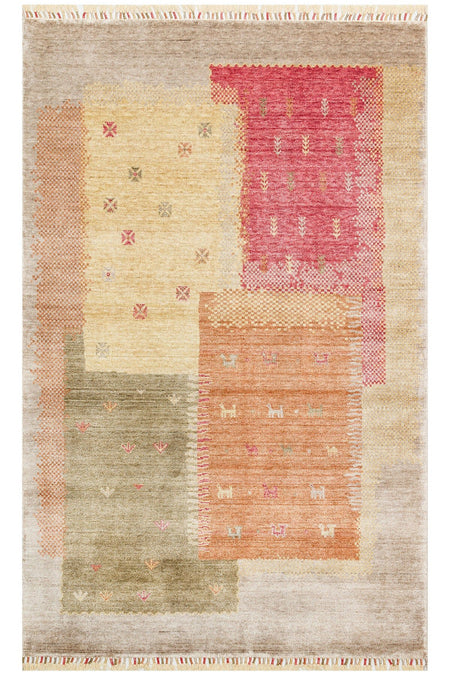 Vog Hali Efsun Handmade Tree of Life Pattern Beige Lyocell Special Loom Usak Design Fringed Living Room Carpet - MALLTURK