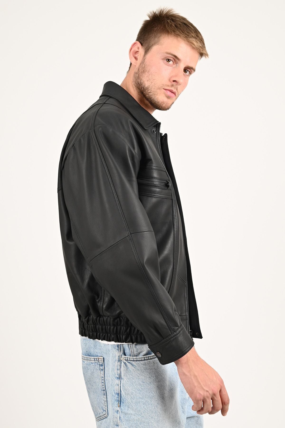 ALIN Beirut Men's Genuine Leather Oversized Leather Jacket Black - MALLTURK