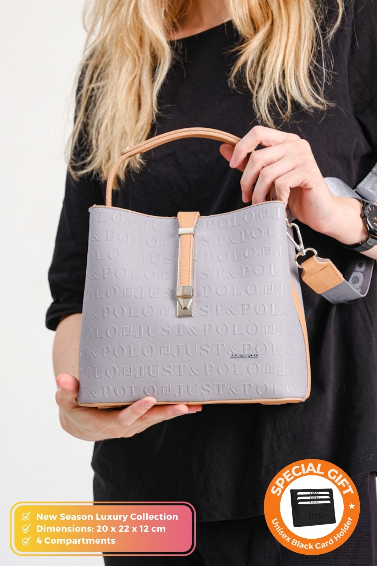 Just Polo Original Women's New Season 4-Compartment Luxury Soft Leather Crossbody Shoulder Bag with Lock Detail Gray - MALLTURK