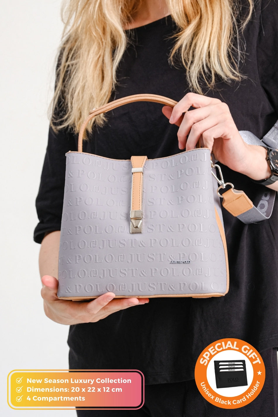 Just Polo Original Women's New Season 4-Compartment Luxury Soft Leather Crossbody Shoulder Bag with Lock Detail Gray - MALLTURK