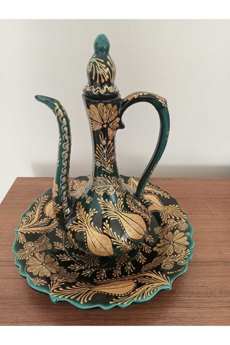 Sema Cini handmade ceramic plate with gold and silver gilded delicate vase with crested design. - MALLTURK