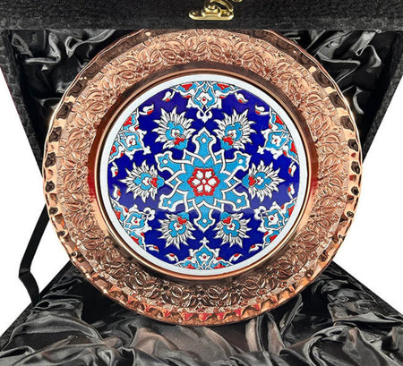 Cini Evi Blue Background Tile Patterned 25cm Bronze Plate - MALLTURK