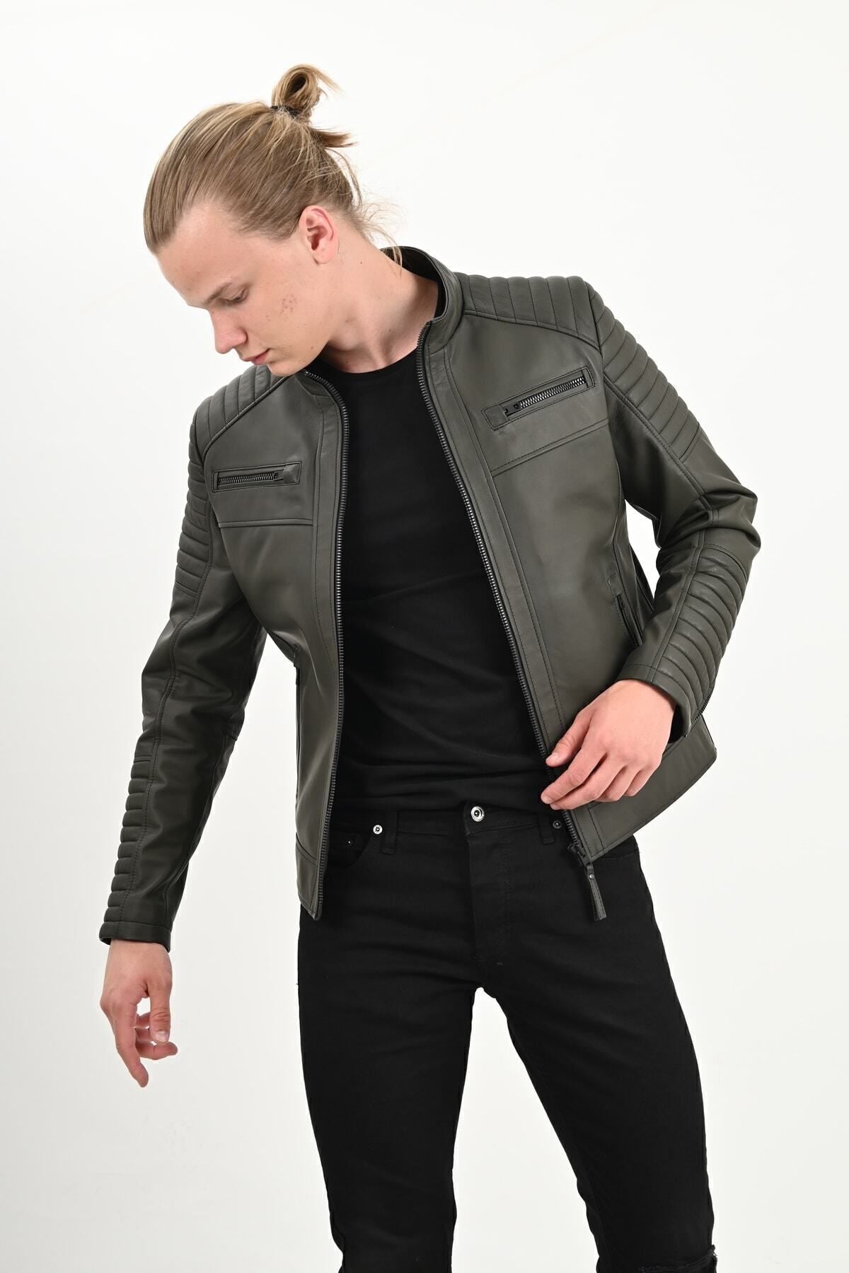 ALIN Sandor Men's Genuine Leather Embossed Stitch Leather Jacket Green - MALLTURK