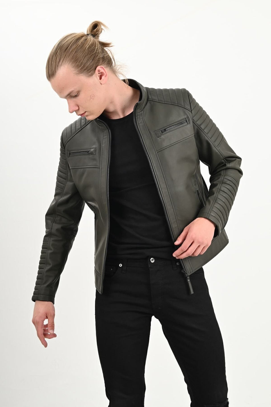 ALIN Sandor Men's Genuine Leather Embossed Stitch Leather Jacket Green
