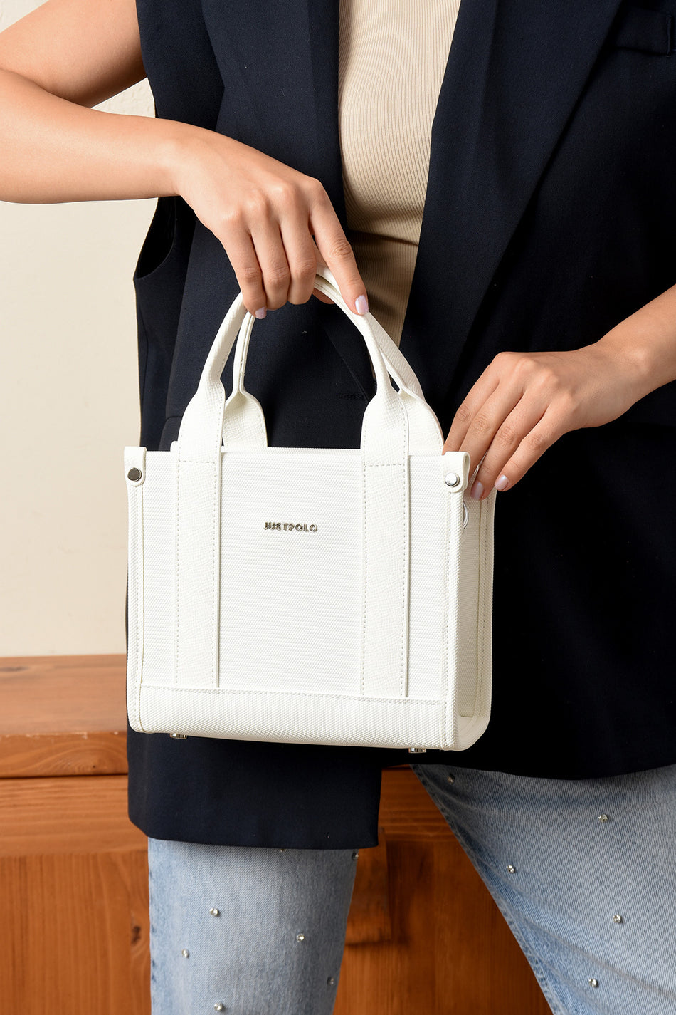 Just Polo Epi Women's Hand and Shoulder Bag, Polo Fabric White - MALLTURK