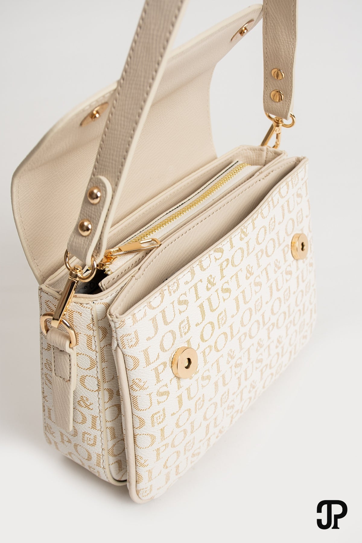 Just Polo Original Women's 4-Compartment Luxury Soft Leather Adjustable Crossbody Strap Stylish Trendy Shoulder Bag Cream - MALLTURK