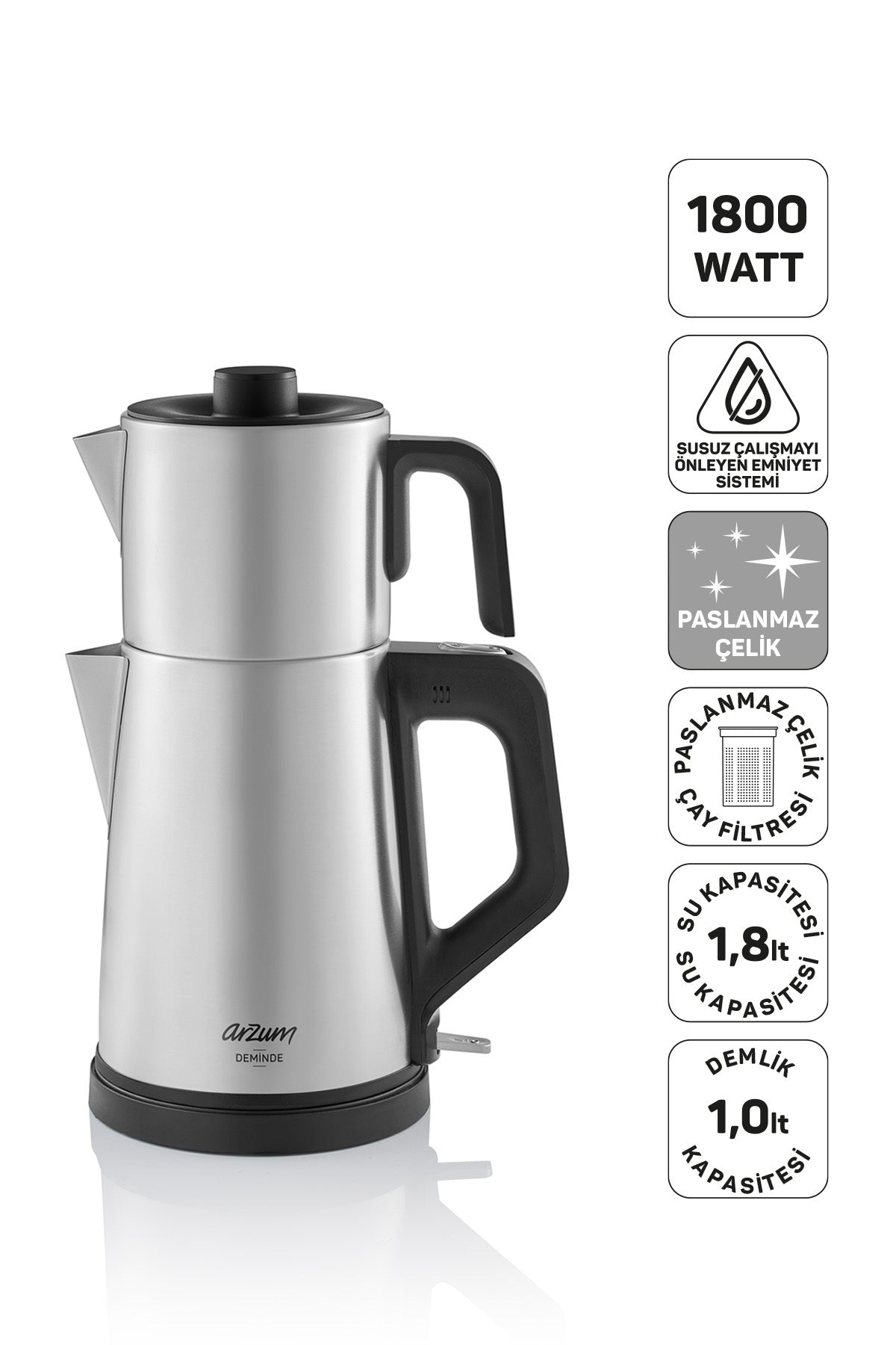 Arzum AR3129 Brewed Tea Maker 1800W, 1 L Teapot Capacity, Stainless Steel - MALLTURK