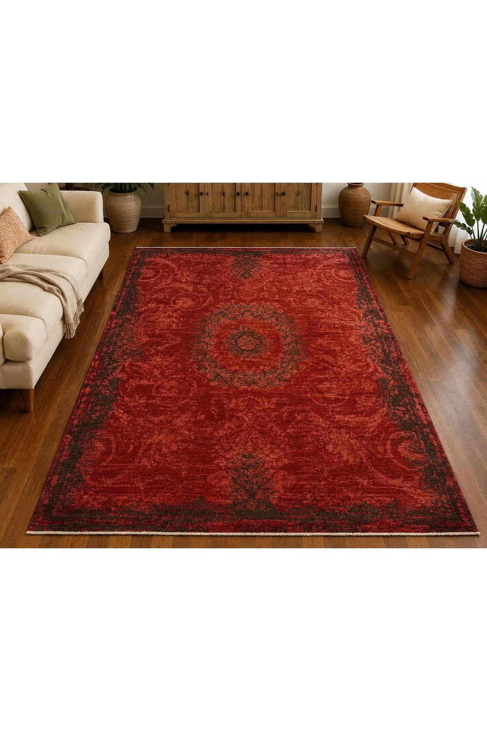 Vog Rug Vintage Hand-Woven Red Distressed Pattern Pattern Salon Bedroom Premium Decorative Rug - MALLTURK