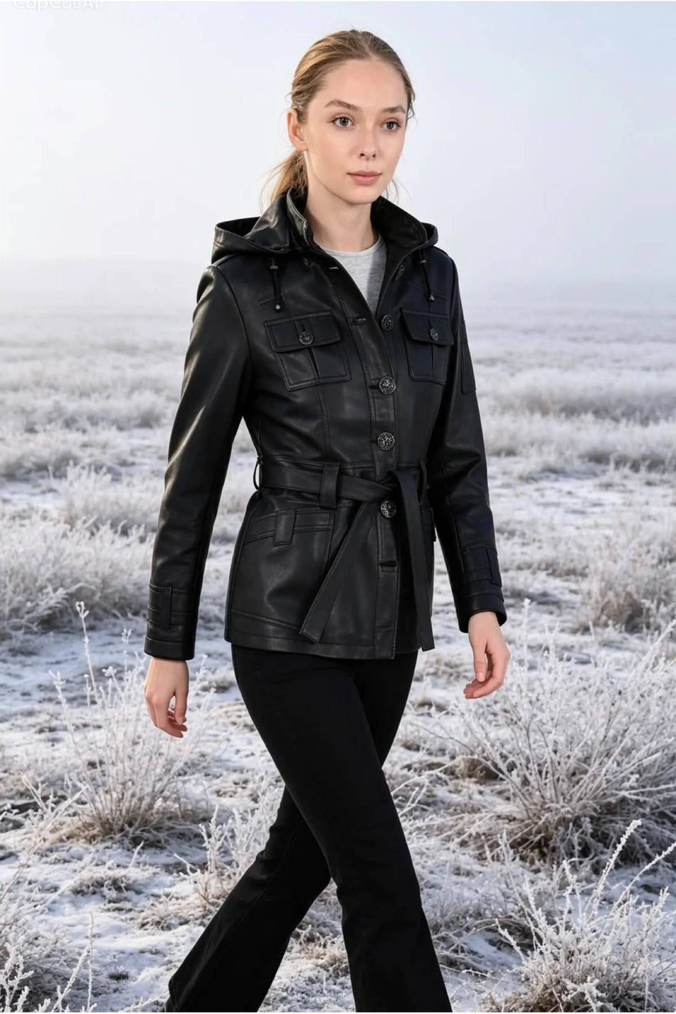ALIN Sansa Women's Genuine Leather Hooded Belted Leather Jacket Black