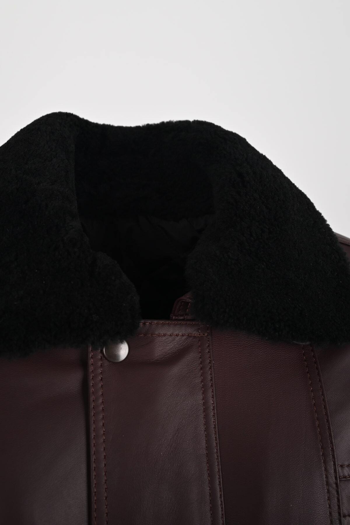ALIN Tarkan Men's Genuine Leather Fur Collar Winter Leather Coat Burgundy - MALLTURK