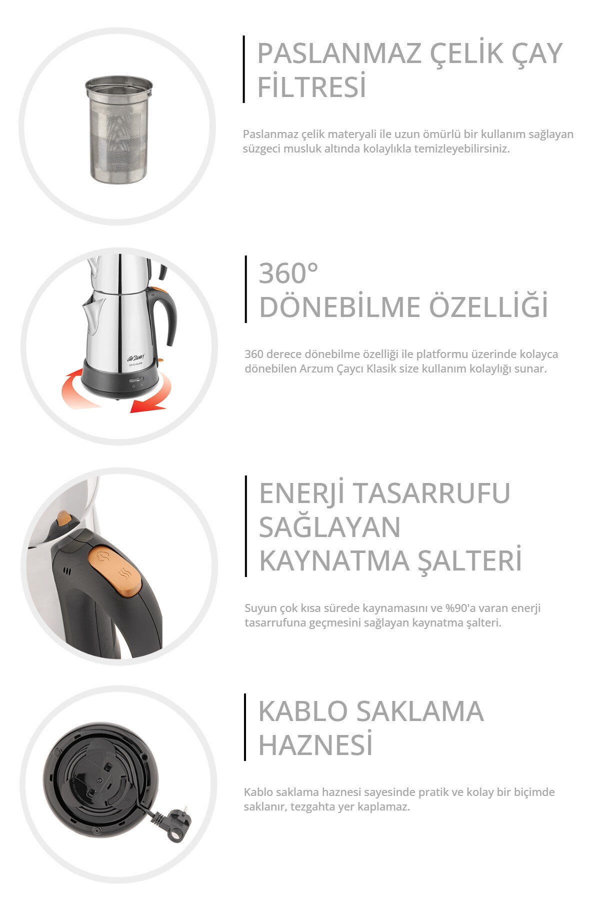 Arzum AR3004-iNX Classic Stainless Steel Tea Maker - inox - MALLTURK