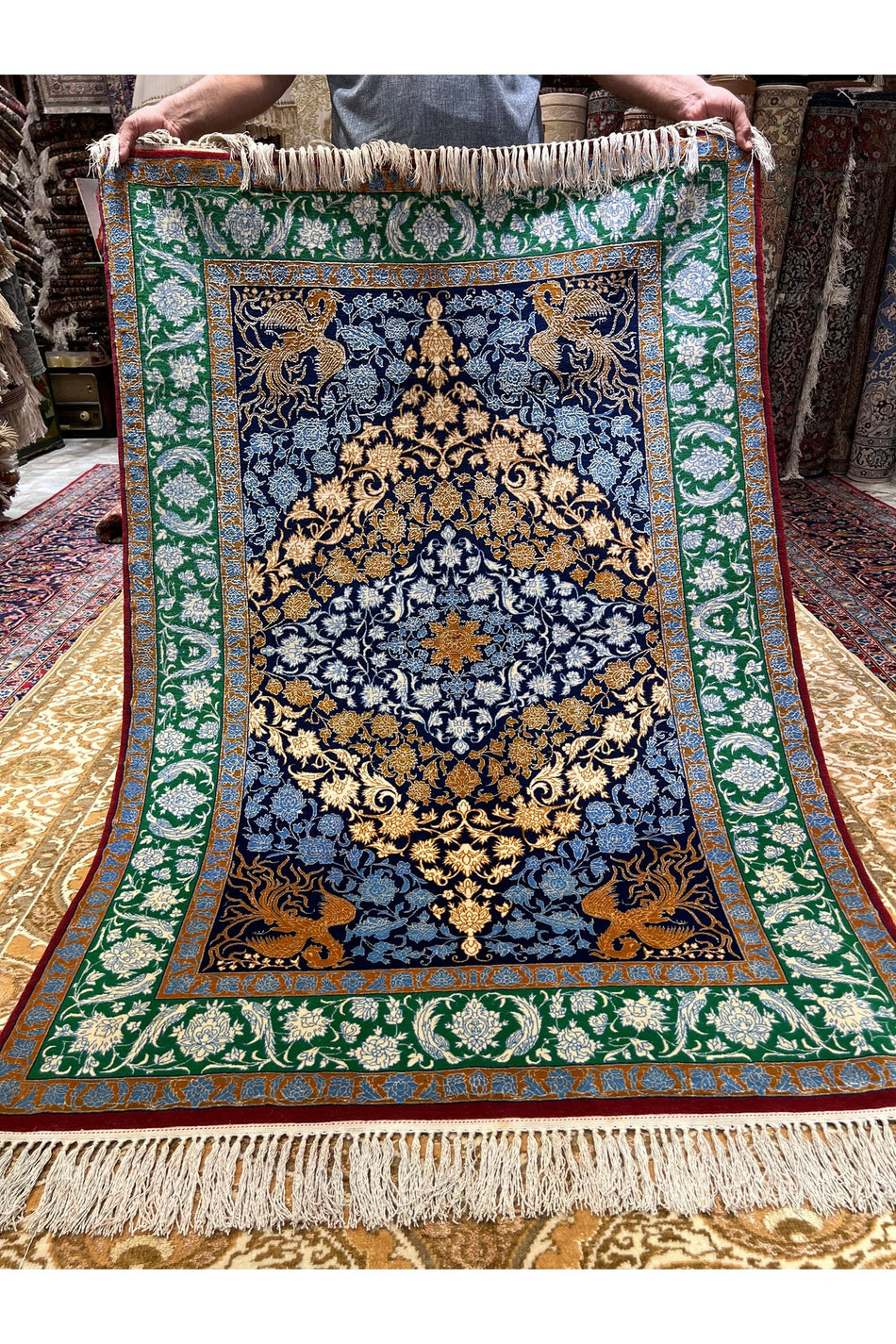 RD RAMAZAN DAG Hand Rug Art Hand-Woven Iranian Silk Blend Isfahan Rug Quality Exceptional Size 163x110