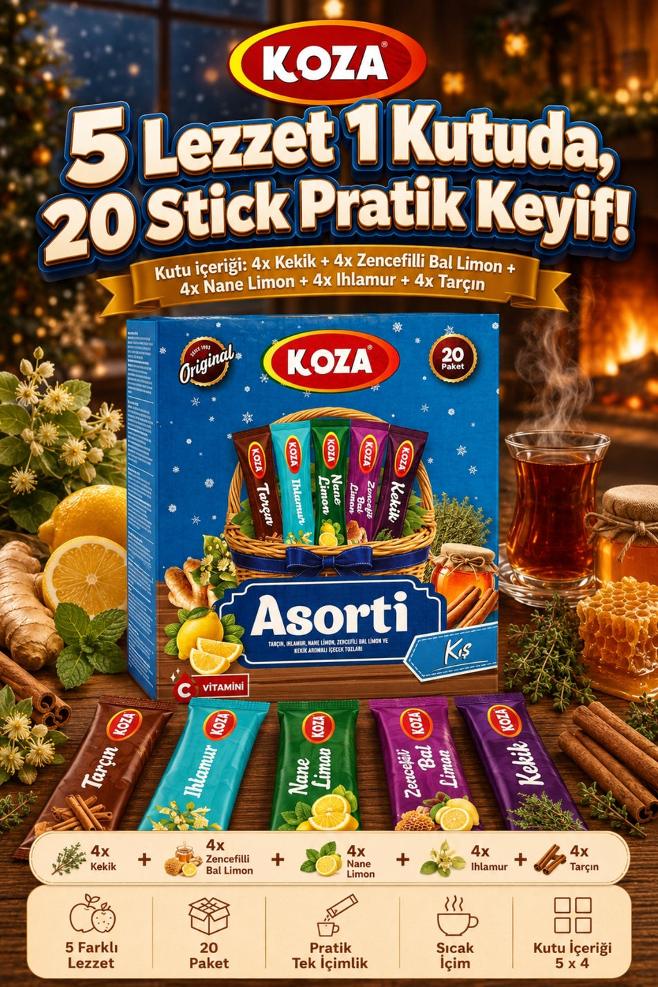 Koza Winter Tea Pack 5-Pack Assorted Mix Practical Flavor Single-Serving Winter Tea Mixed Pack 5 x 4 - 20 Sticks