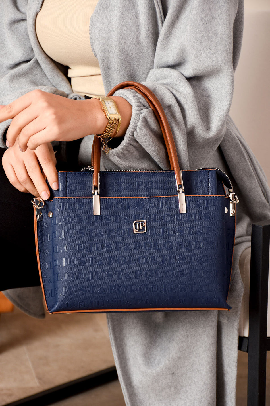 Just Polo Women's Navy, Tan, and Camel 5-Compartment Embossed Hand and Shoulder Bag JPM4045 - MALLTURK