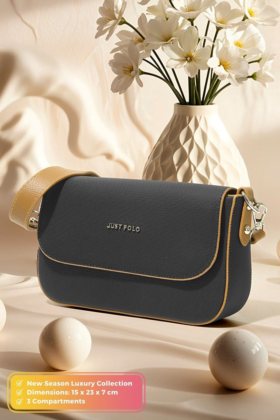 Just Polo Original Women's Mini Special Design Luxury Soft Leather Adjustable Crossbody Shoulder Bag Black Tan - MALLTURK