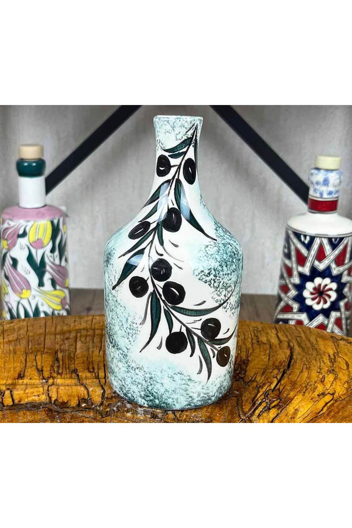 Cini Evi Turquoise Dokulu Olive Branch Patterned Handmade Olive Oil Bottle 410 ml - MALLTURK