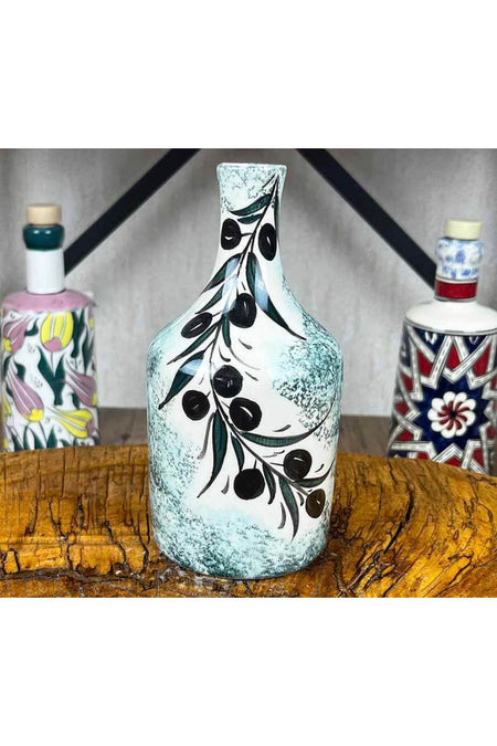 Cini Evi Turquoise Dokulu Olive Branch Patterned Handmade Olive Oil Bottle 410 ml - MALLTURK
