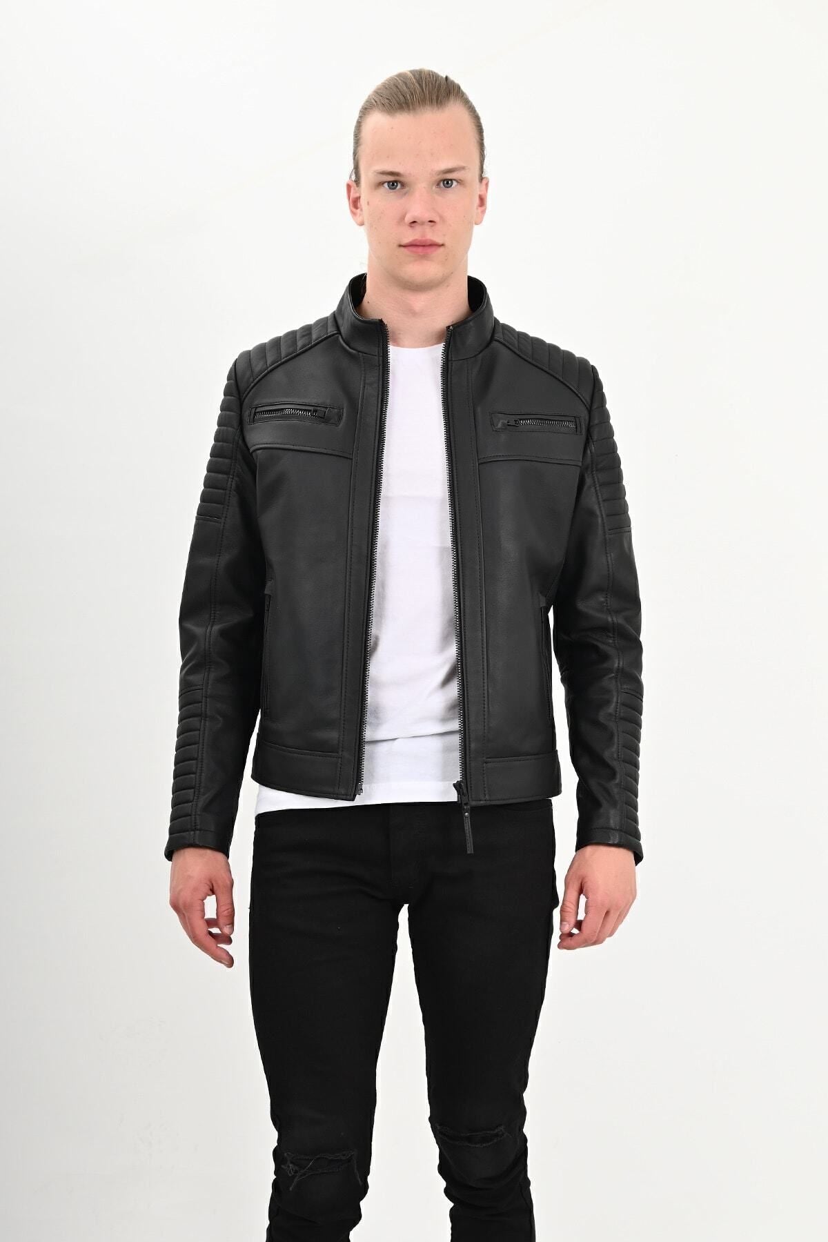 ALIN Sandor Men's Genuine Leather Embossed Stitch Leather Jacket Black - MALLTURK