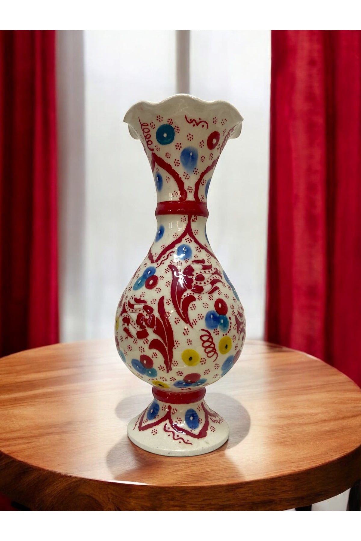STORESZA Handmade Kutahya Ceramic Tulip Motif Red Hyacinth Vase - 25 cm - MALLTURK