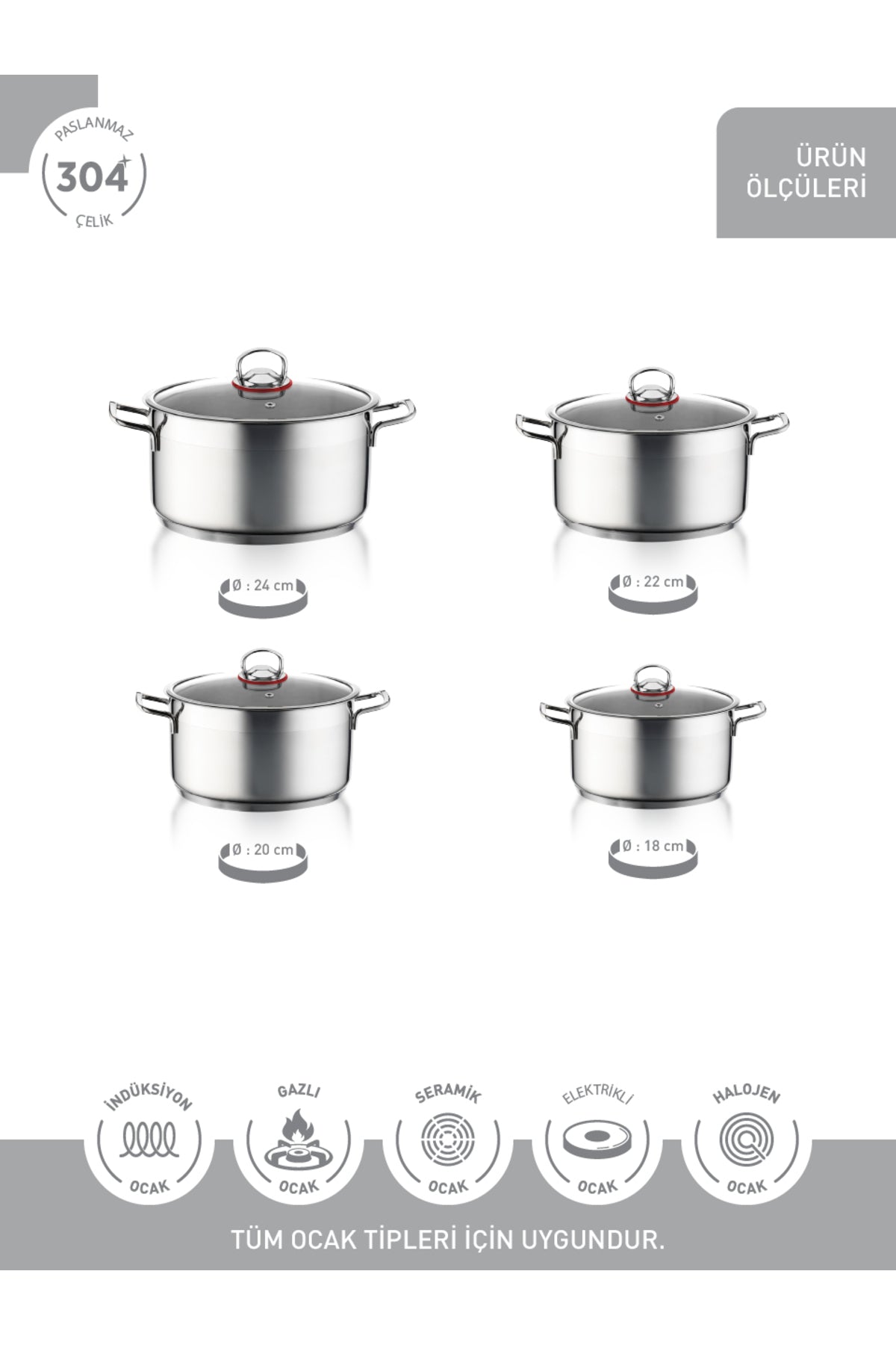 Hascevher Enzo 8 Pcs Cookware Set (18/20/22/24)V - MALLTURK