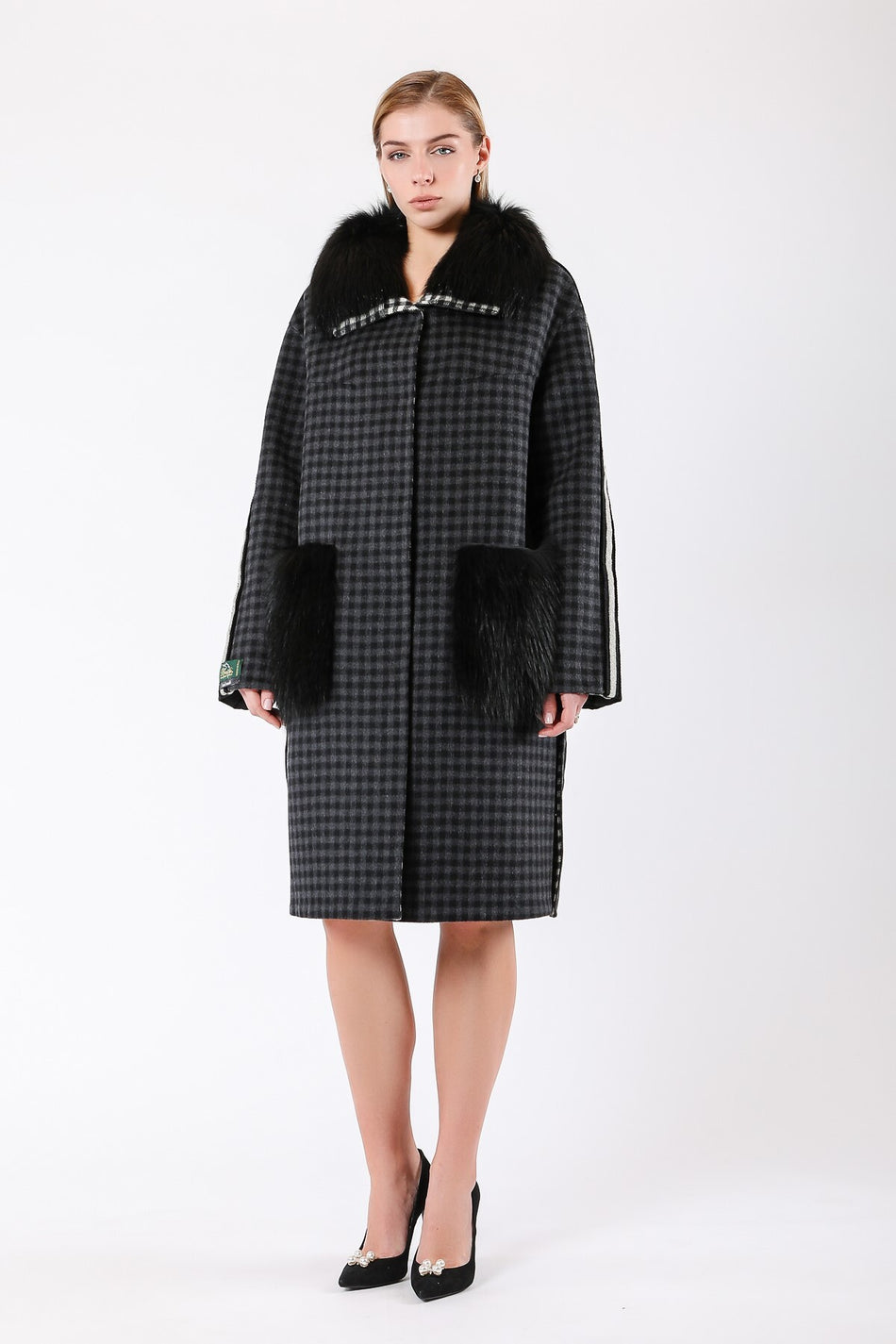 Leather Club Black Plaid Wool Coat