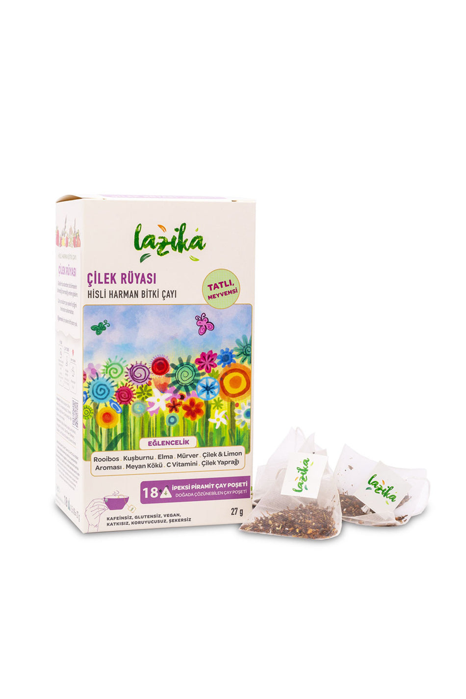 LAZIKA Strawberry Dream Herbal Tea 18-Pack PLA Pyramid Tea Bags - Rooibos, Rosehip, Apple, Licorice Root, Orange Peel, Caffeine-Free - MALLTURK