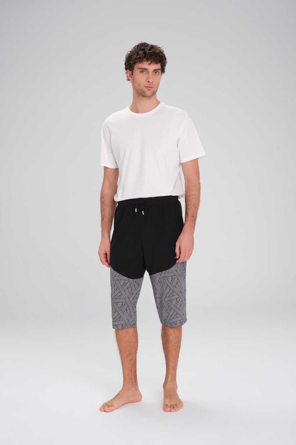 Men's Black and White Long Swim Shorts with Swimsuit Pattern 246