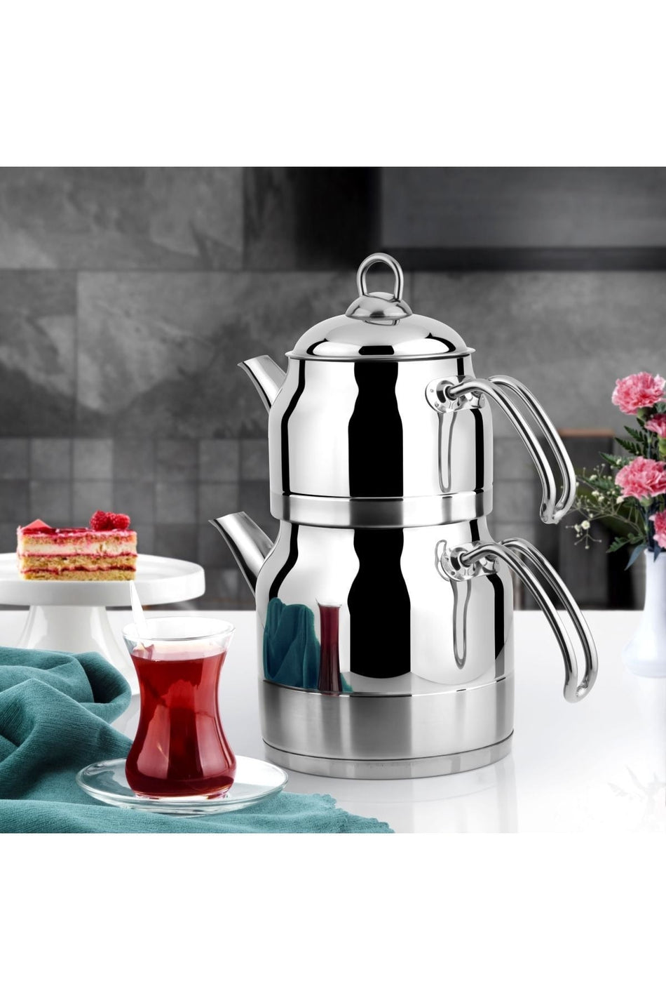Lines Ayperi Steel Teapot with Metal Handle, Family Size, 1.50 Lt infuser, 3 Lt Water Jug - MALLTURK