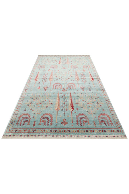 Vog Hali Efsun Handmade Turquoise Color Lyocell Special Loom Ethnic Usak Pattern Fringed Living Room Carpet - MALLTURK
