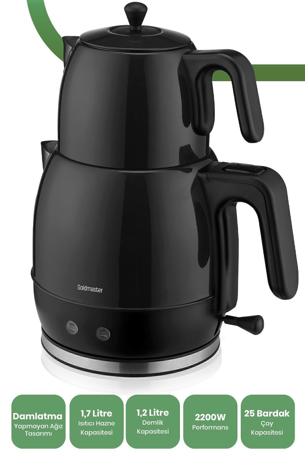 GoldMaster Fulya Black 30-Cup Large Capacity 2200 Watt Stainless Steel Tea Maker and Water Kettle - MALLTURK