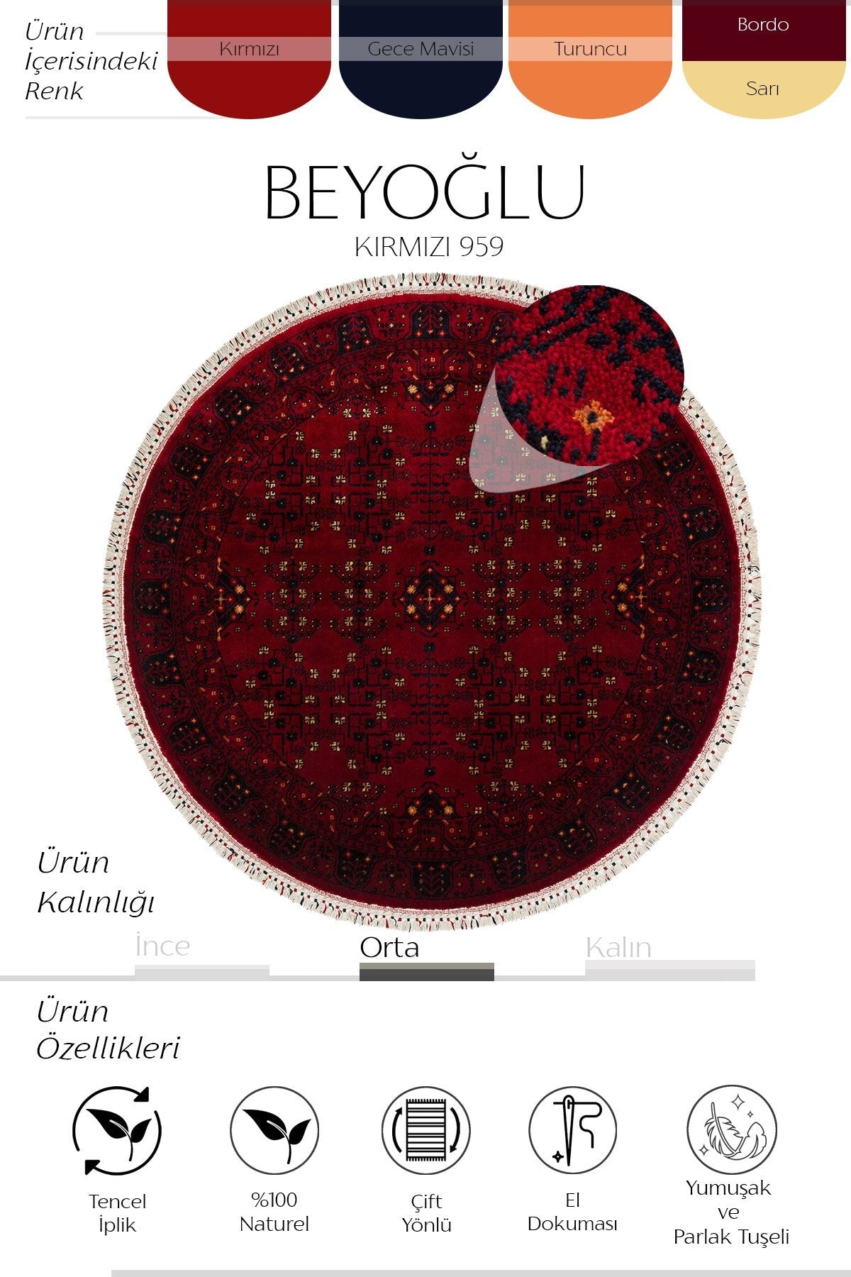 Cool Hali Beyoglu Red Vintage Authentic Round Rug Tencel Natural Yarn Handwoven Circle Home Room Living Room Rug - MALLTURK