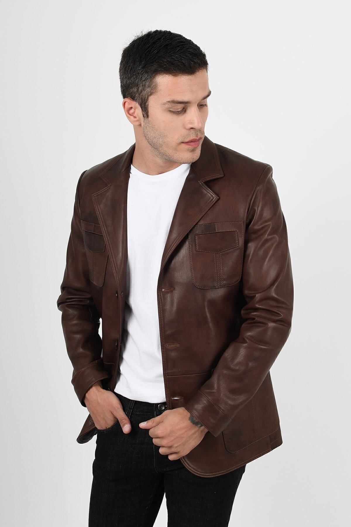 ALIN Martell Men's Genuine Leather Blazer Leather Jacket Brown - MALLTURK