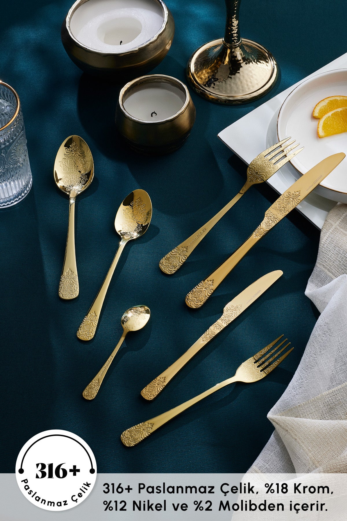 Karaca elegance bellatrix 84 Piece 12 Place Setting Flatware Set gold - MALLTURK