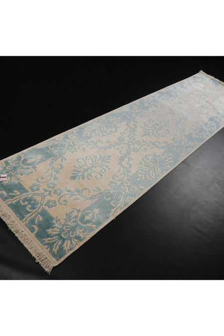 Halicizade Fiber Series Damask Pattern Handwoven Carpet - Fiber Beige Blue Border - MALLTURK