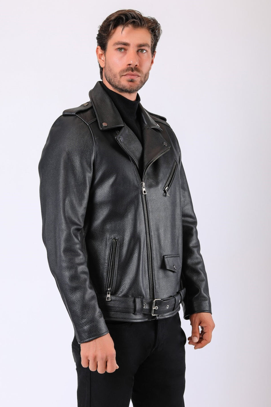Blusão de motociclista de pele genuína preto Leather Club