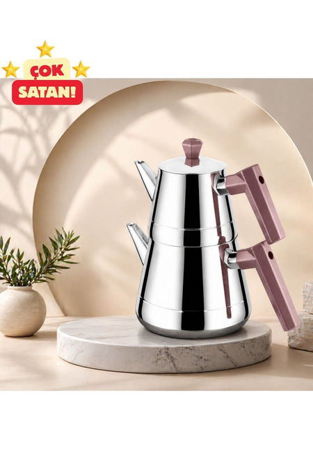 Lines Pyramid Medium Size Stainless Steel Teapot | Soft Handle, Heat Resistant, Long-lasting, Polished Steel Body - MALLTURK