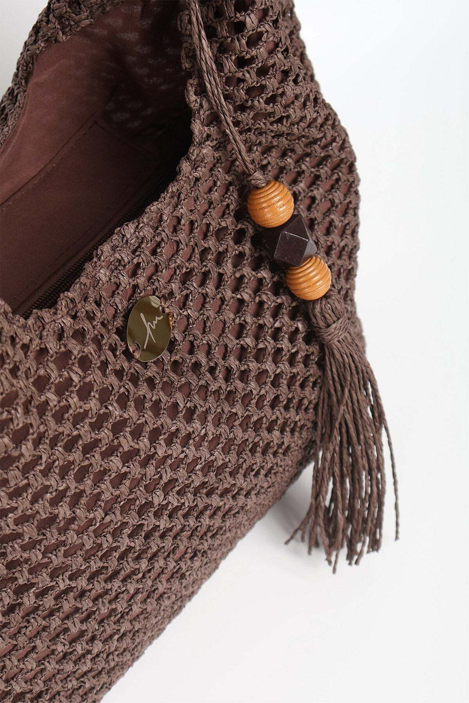 Hasema Wooden Bead Detail Dark Brown Woven Straw Beach Bag 1120 - MALLTURK