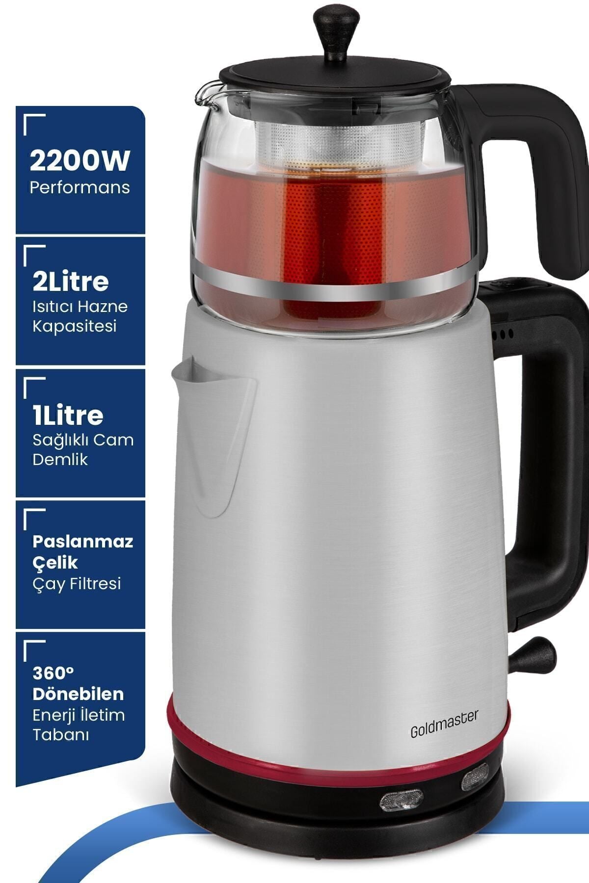 GoldMaster Dem inox 2200 Watt XL Stainless Steel Tea Maker and Water Heater with Stainless Steel Teapot - MALLTURK